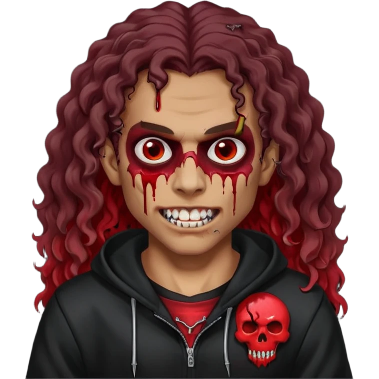 Vampire wearing black hoodie with a skull logo on it, long curly hair, brown skin, fanged teeth, blood under eye sockets/forehead, piercings on eyebrows, long curly hair with a patch (section) of red and blood on hands emoji