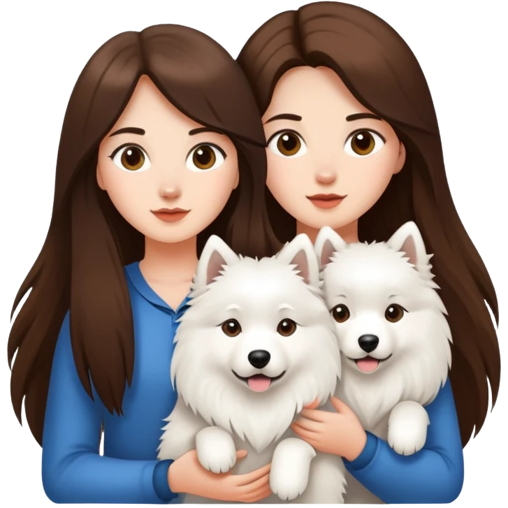 Two long hair brunette girls and two Samoyeds in their hands emoji