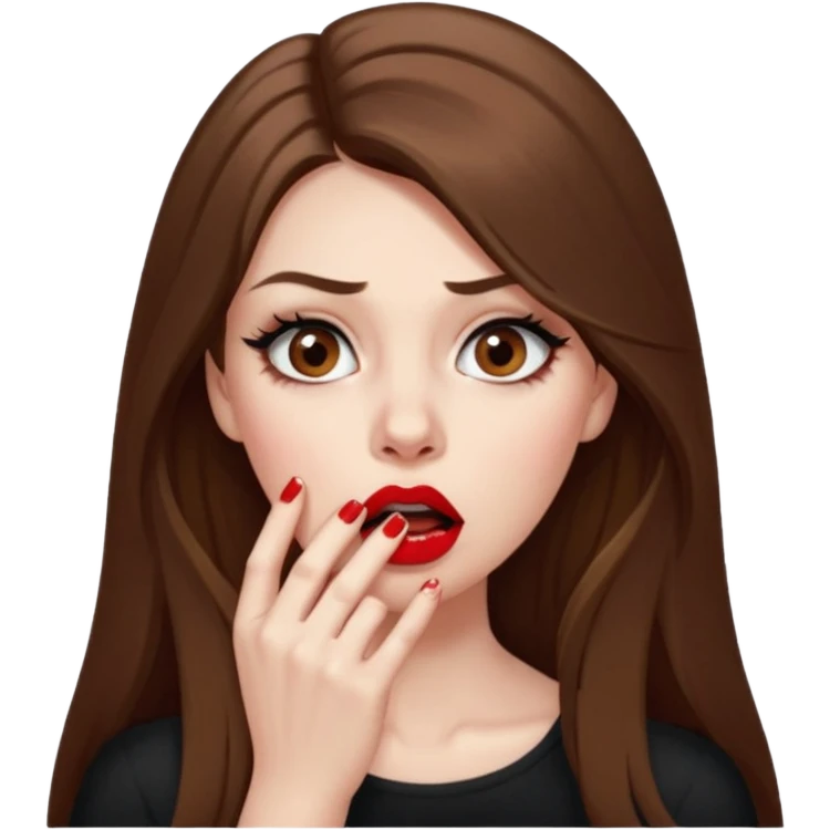 A girl with long brown hair, eyeliner, long lashes, light brown eyes, pale skin and red lipstick biting her nails with her fingers in her mouth nervously and looking scared. emoji