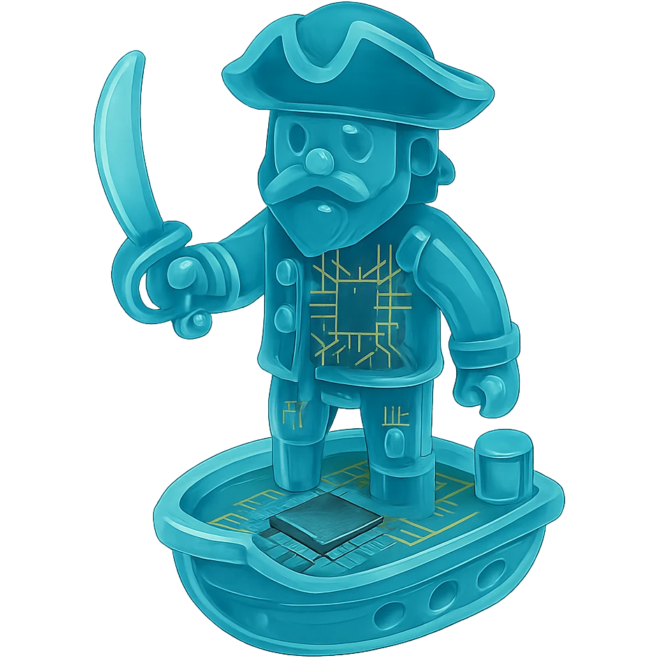 A pirate captain standing on a ship deck, with translucent body showing internal circuit patterns, wearing a tricorn hat and holding a sword emoji