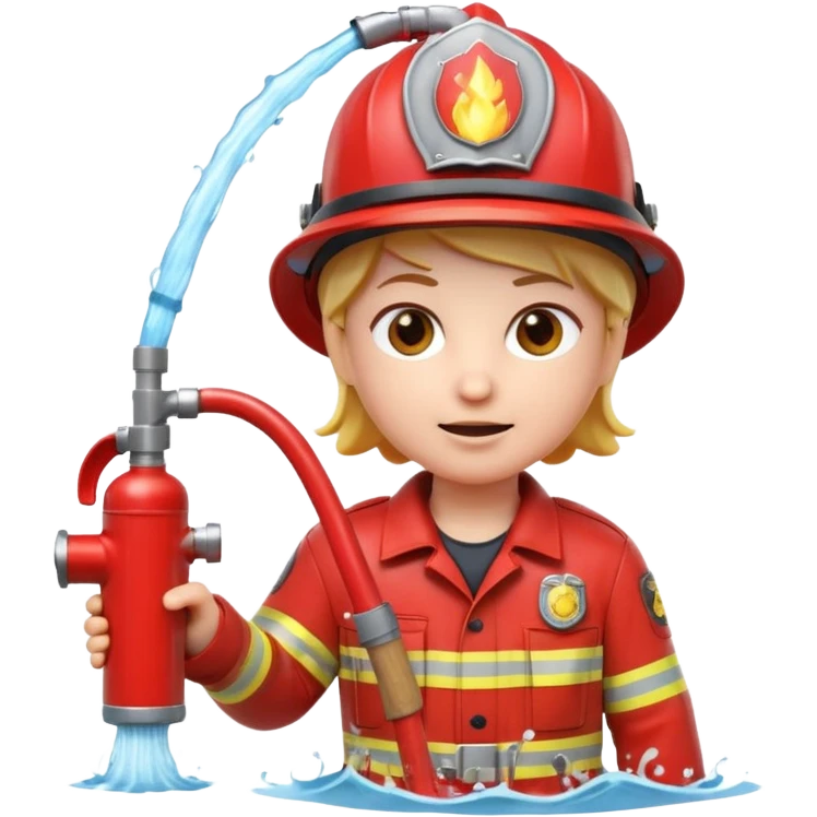 A 3D Apple-style emoji character dressed as a firefighter in a bright red uniform and helmet, holding a fire hose spraying water forward, determined expression with cartoonish eyes, water splashing effect, clean minimal background emoji