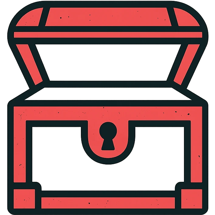a minimalist red treasure chest where the middle is mostly transparent, with only the essential red outlines and frame remaining, weathered and slightly distressed edges, some red elements strategically placed to define the chest shape emoji
