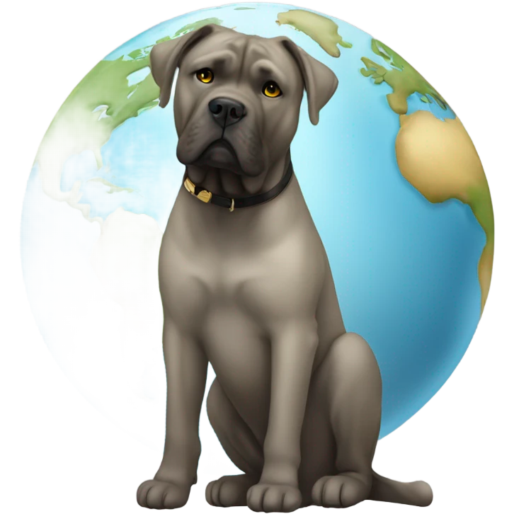 White and gold Cane Corso sitting of a globe of the earth. emoji