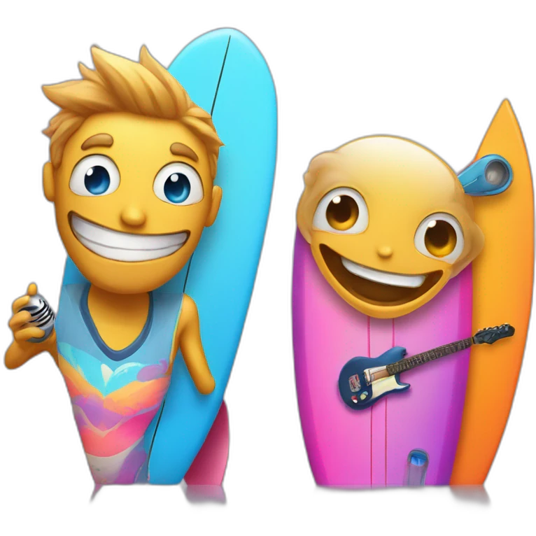 (A surfboard Cartoon Blue and orange smiling) and a (microphone Cartoon Blue and pink with butterfly) emoji