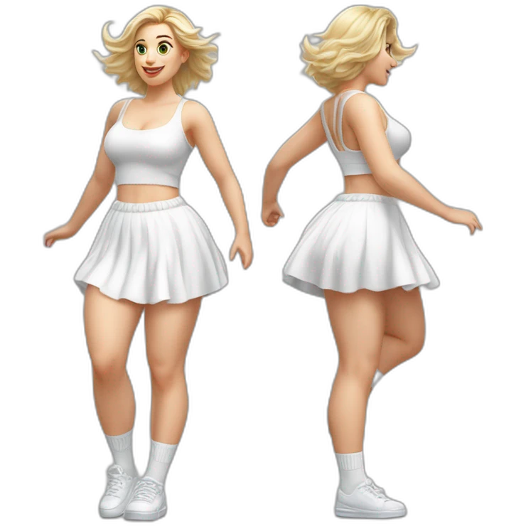 Hyperrealistic Full body Caucasian curvy beauty jumping short white skirt back and front views strong wind knickers long white socks emoji
