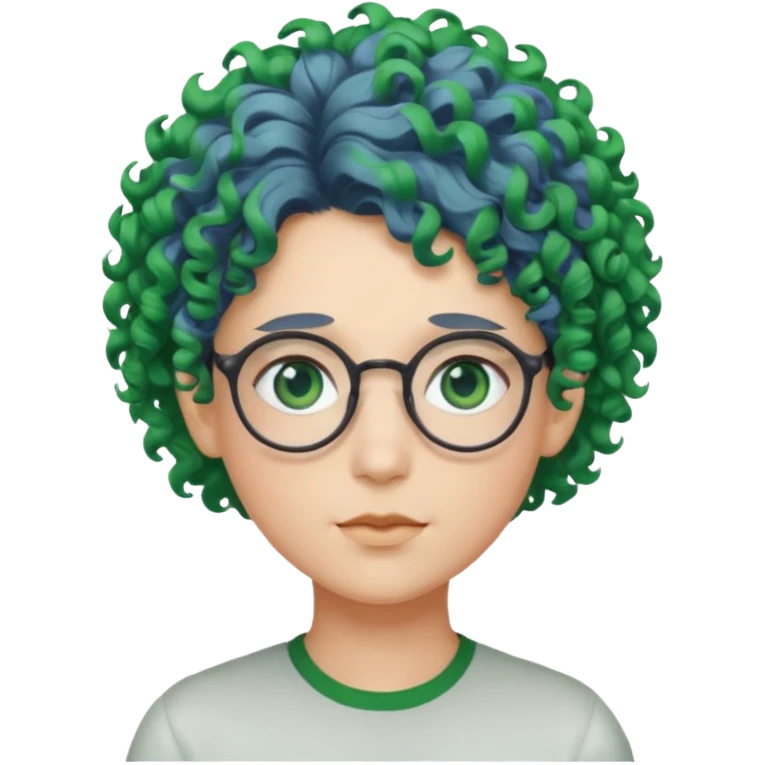 cabelo encaracolado, azul, óculos, olhos verdes, raça branca, penteado topo cabeça emoji
