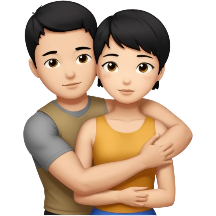 buff korean Man black hair hugging girl with black pixie cut  emoji