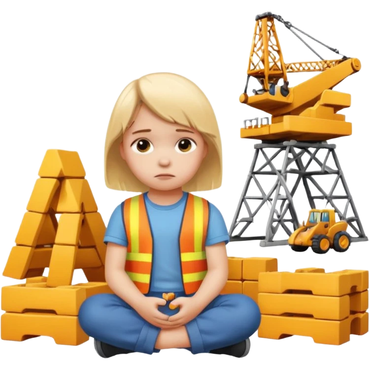 small child sitting sadly next to broken construction sets, apple style emoji emoji