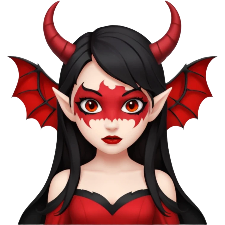 demon girl, skin red , black long hair, small horns, bat wing, black open-back dress, bold black outlines, red+black palette emoji