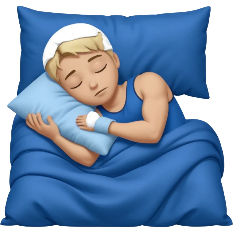 A young muscular male with short dark-blonde hair and medium-light skin, wearing blue cloth. He sleeps on his side, holding a soft white pillow, his head on a smooth blue pillow. A sleeping symbol floats above him in the dark, nighttime scene. A flowing blue blanket with silky folds covers him. emoji