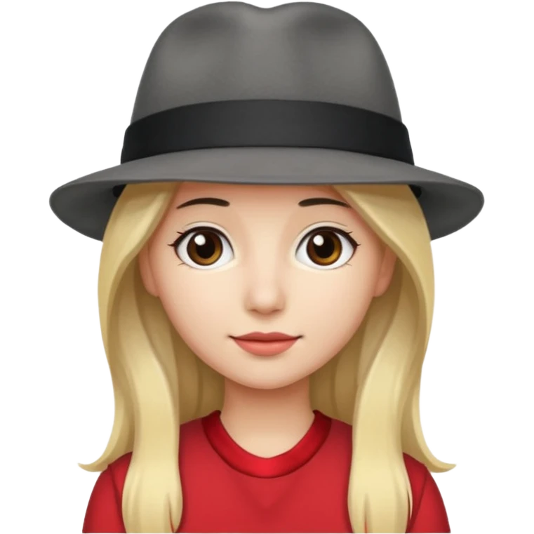 A person with long blond hair, wearing a gray fedora with a black band and a red headband underneath. emoji