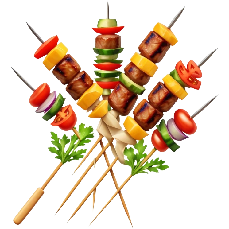 Cinematic Realistic Shish Kebab Dish Emoji, showcasing skewered, grilled meat with vibrant vegetables rendered with dynamic textures and warm, inviting lighting. emoji