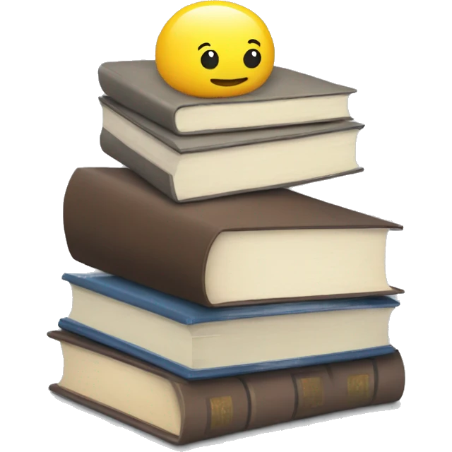 A pile of books, a pile of papers, a computer emoji