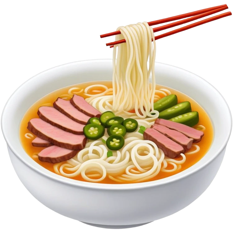 Guilin rice noodles with pickles and meat in soup, simplified emoji style with bold outlines and bright colors, cartoon style Guangxi specialty Mi Fen emoji