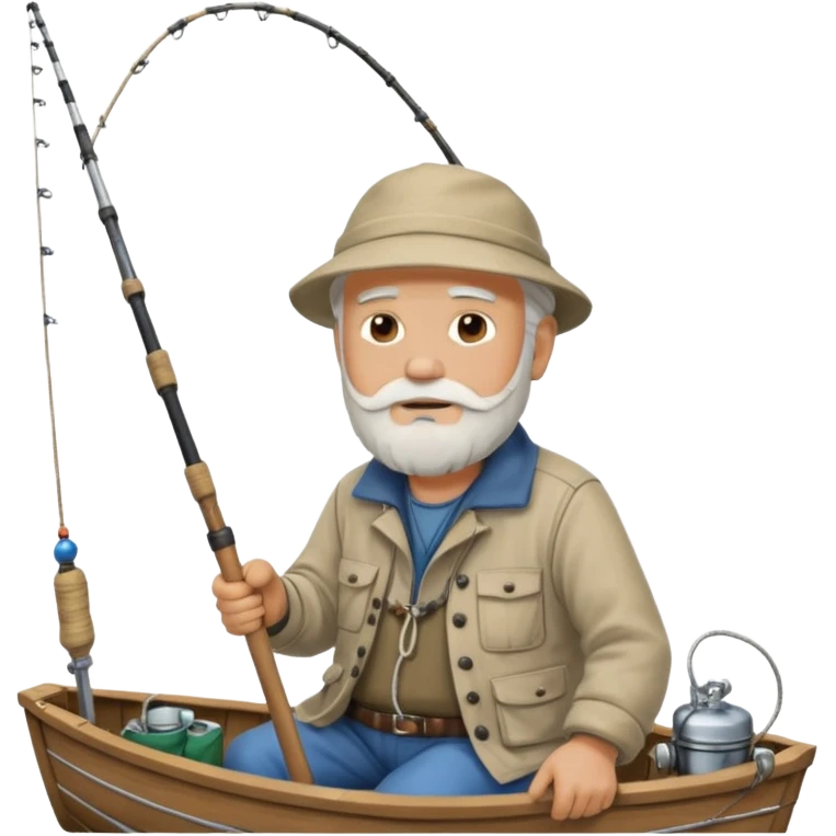 an old white haired, bearded man in fisherman attire, sat in a big boat on a calm sea, holding one fishing rod in one hand, with the end of the fishing line touching the water emoji