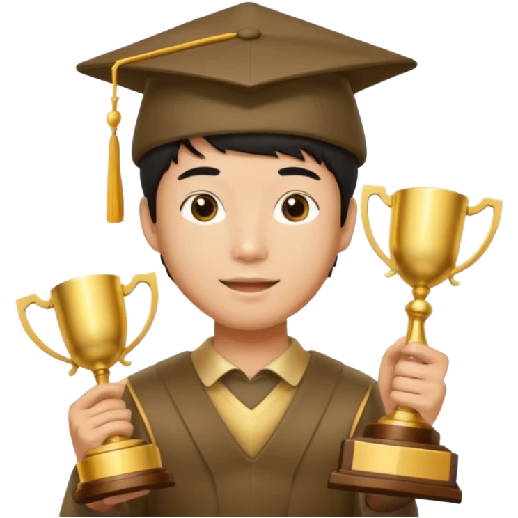 An asian man wearing student hat, holding a trophey emoji