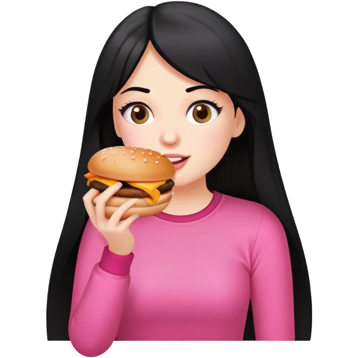 White girl in pink clothes and long black hair eating burger and pizza emoji
