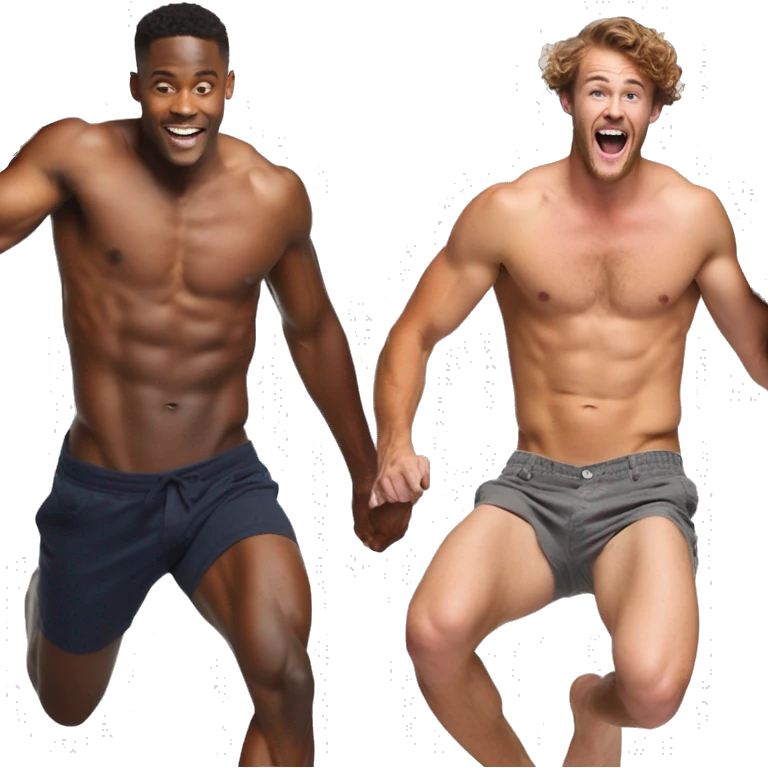 The shirtless model Dylan Tides catching the shirtless model Lane Colten in his arms as Lane jumps into his arms emoji