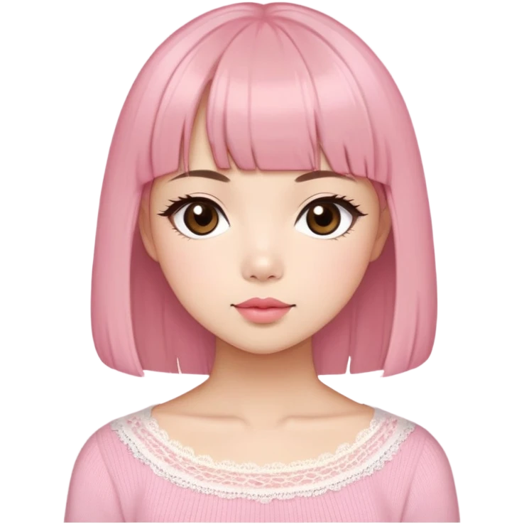 Cute East Asian girl, soft fair skin with blush on cheeks, big brown eyes with long lashes, natural pink lips, inward brown bob with straight bangs. Wearing a stylish pink knit top with ribbon details and subtle lace trim, holding a abyssinian emoji