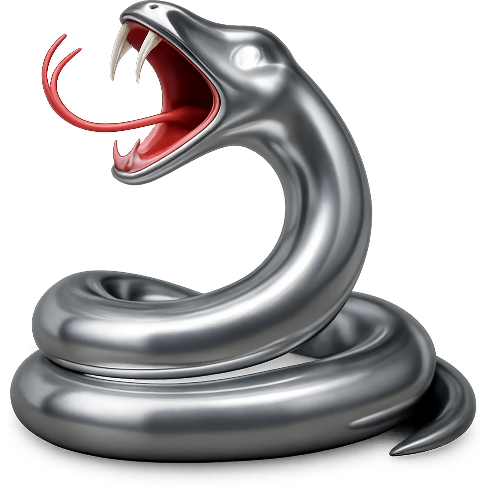 Adjust the chrome snake so the tongue is a light pink mixed with red, the fangs and teeth are white, and the eyes are glowing white. Keep the shiny metallic chrome look and the same pose. emoji
