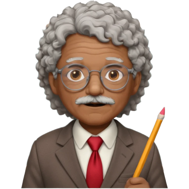 old man teacher, brown skin, curly grey white hai, wearing glasses, brown suit, red tie hold chalk on hand emoji