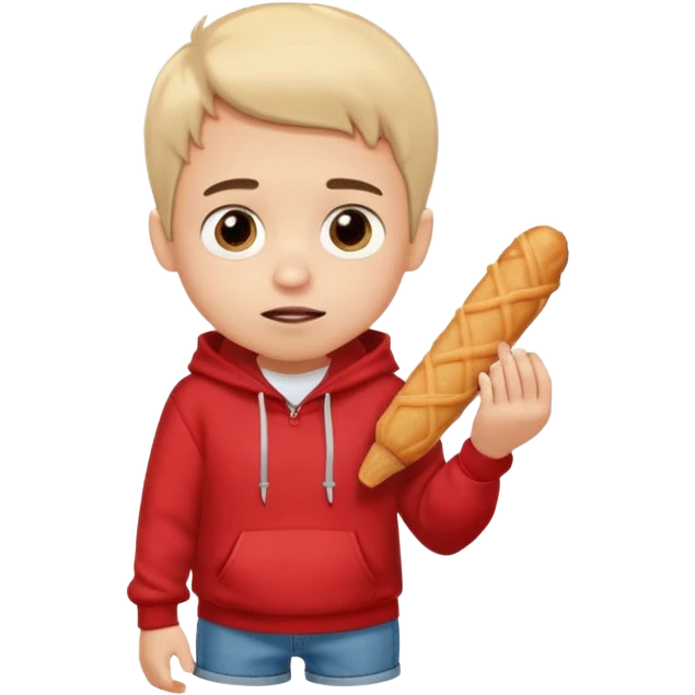 ute funny Spanish cartoon boy named Peque Tito, red hoodie, denim shorts, big expressive eyes, holding a churro, Pixar-style, viral character.” emoji