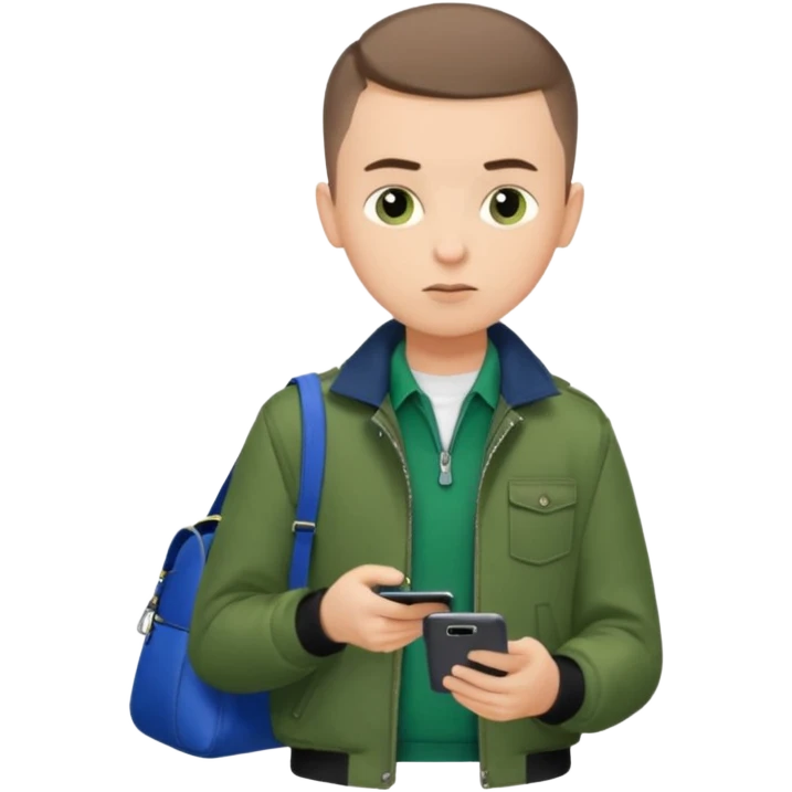 a boy looking at his phone brunnet short buzzcut green jacket blue bag black pants brunnet boy emoji