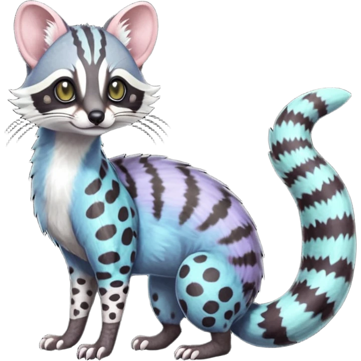 Feral Rare Fantasy iridescent scaly shaded detailed deep pastel-gradients-colored colorful Genet-Trico-Civet-Cacomistle-Margay-species by LiLaiRa, with dark-blackish points, white belly, random markings, tufted tail, tufted ears, full body emoji