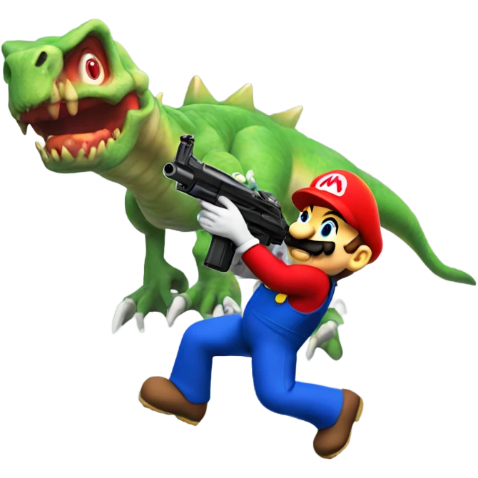 Cyborg Mario shooting at dinosaur aliens  emoji