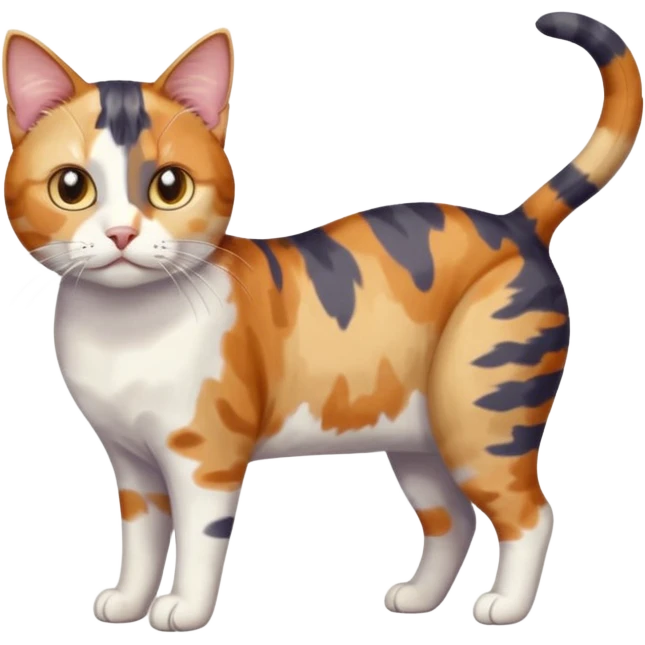 full body anxious looking colourful patchy calico tabby cat with tiny head to large body with fully white front legs emoji