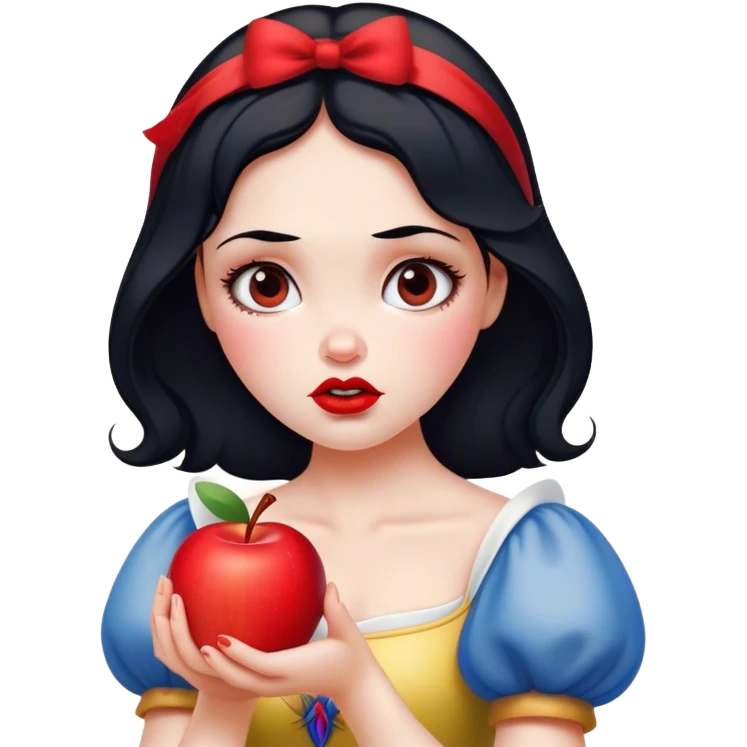 Cinematic Funny Snow White Portrait Emoji, Holding an apple with a suspicious expression, one eyebrow raised, lips pursed as if questioning her life choices, a hilariously relatable fairy tale moment! emoji