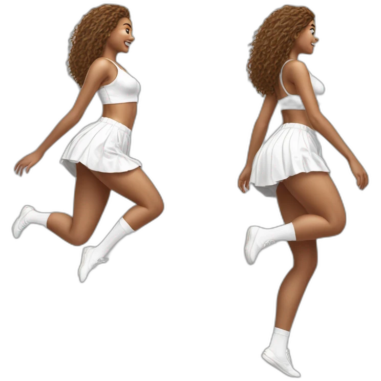 Hyperrealistic Full body Caucasian curvy beauty jumping short white skirt back and front views strong wind knickers long white socks emoji