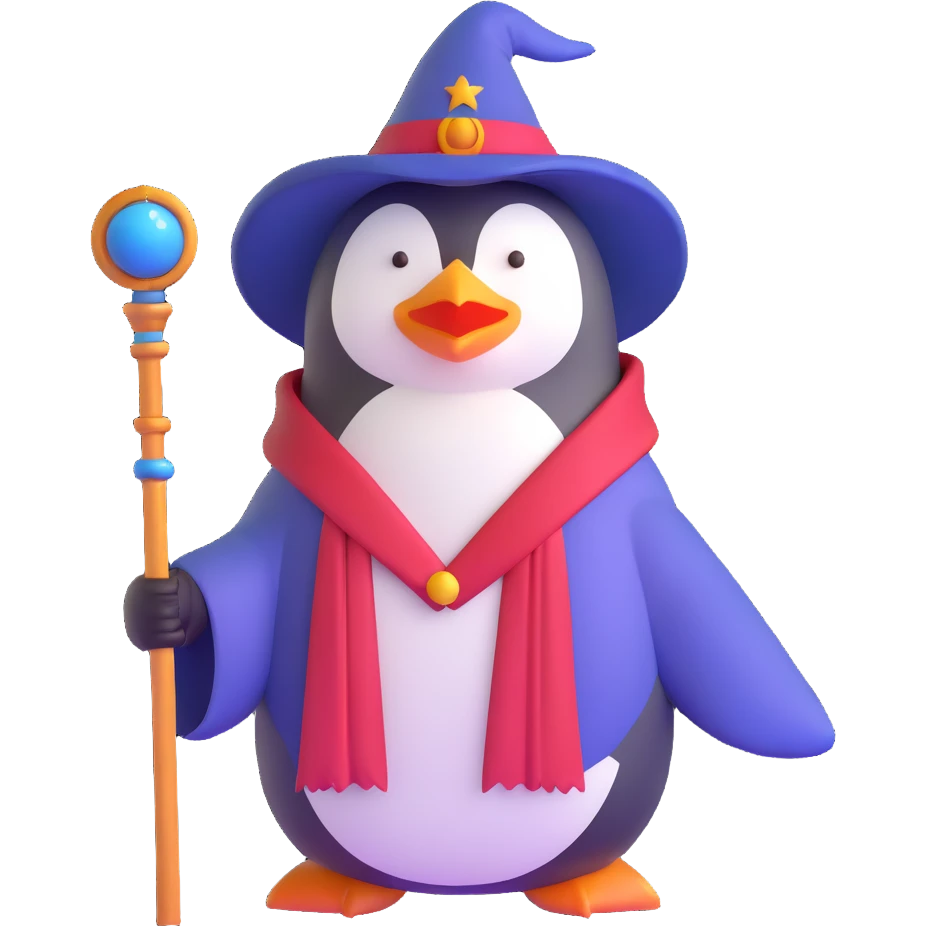 penguin wizard with staff and magical robe emoji