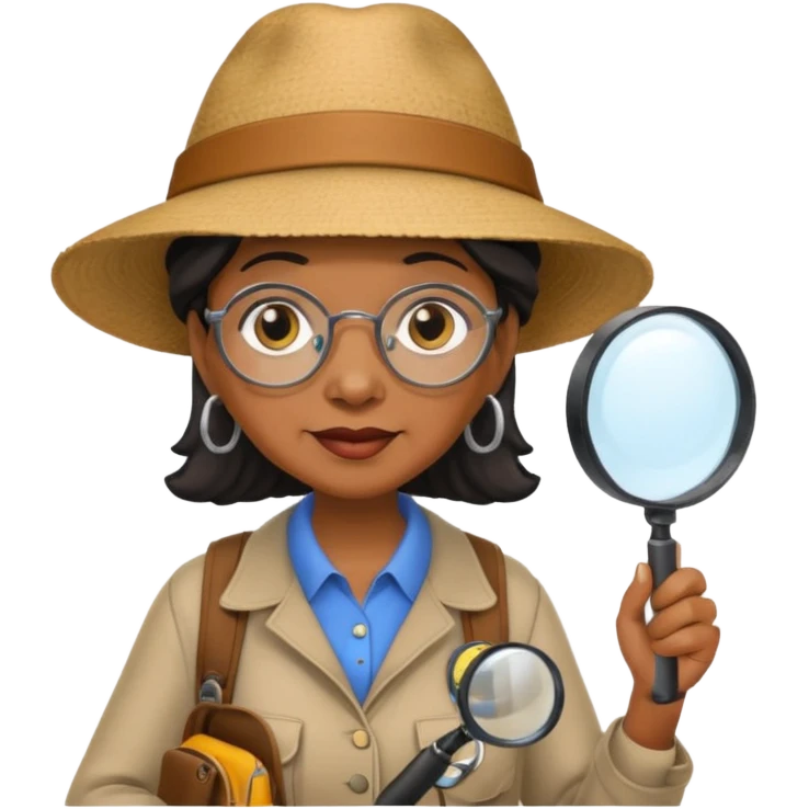 Explorer old black woman with hat and magnifying glass and backpack, portrait emoji