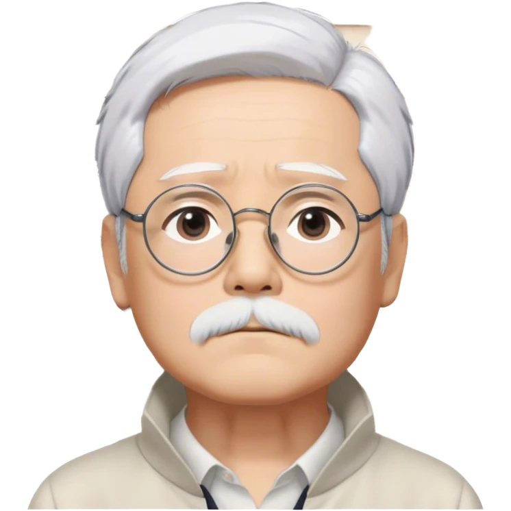 ​Cinematic Realistic Portrait of Hayao Miyazaki, depicted with striking white hair, defined black eyebrows, and large rectangular glasses, his thoughtful expression rendered in lifelike detail against a background of whimsical Studio Ghibli-inspired sketches, illuminated with soft, realistic lighting that emphasizes his creative genius, emoji