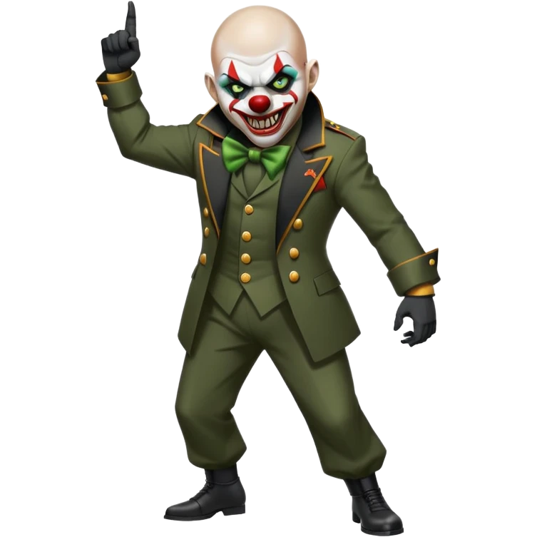 evil clown, bald, short horns from forehead, fangs, pointed ears, black and military green leisure suit, battle-ready fighting posture emoji