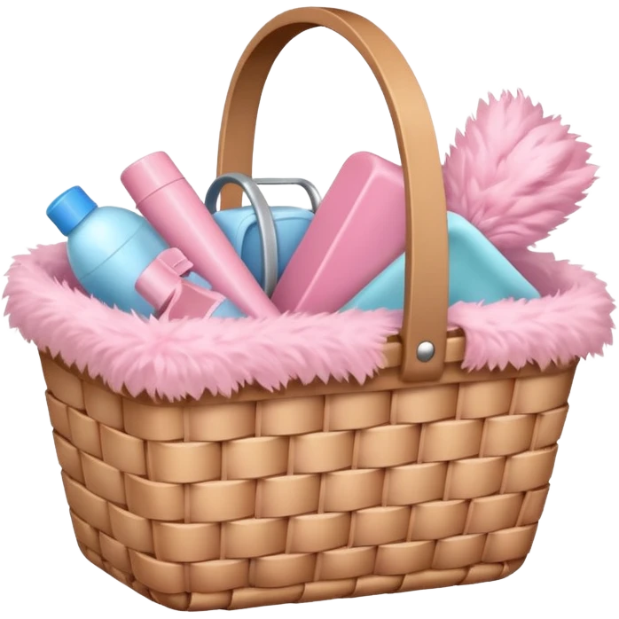 Basket with soft pink cleaning supplies emoji