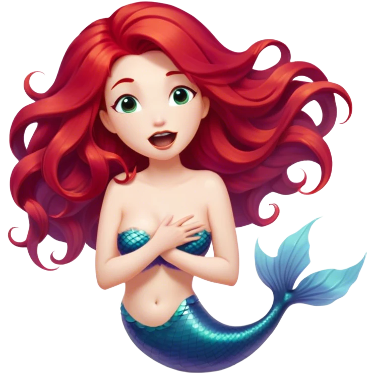 Cinematic Realistic Red Hair Mermaid Portrait, head tilted slightly with a dramatic, wide-open yawn, revealing a tender, relaxed visage with delicately detailed porcelain skin and vibrant, cascading red hair softly billowing around her. Her dreamy eyes exude a serene, aquatic charm, rendered with gentle underwater lighting and high shine—capturing the essence of a drowsy yet mesmerizing mermaid drifting into a tranquil slumber beneath the sea. emoji