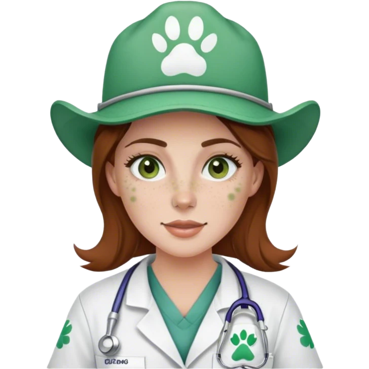 Pale Woman with brown hair and green eyes and freckles on her cheek bones wearing scrubs that have a paw print logo on only the scrubs  and a cow girl hat emoji