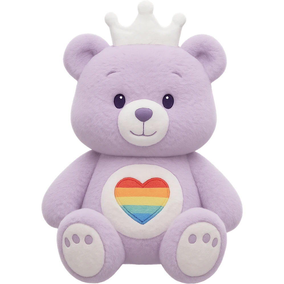 Change the crown to white on the purple and white teddy bear with a heart-shaped rainbow patch. Keep it soft and plush with no shadows and flat lighting. Remove the background. emoji