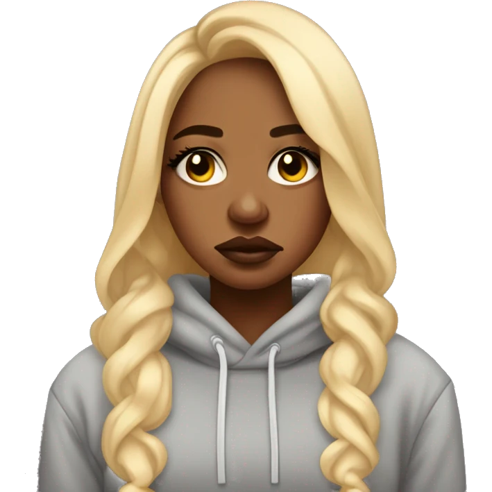 Sad crying, Beautiful black woman with long waste length blonde hair , in a cozy sweatsuit in, girl wearing makeup long lashes thick glossy lips. she is crying, she is sad  emoji