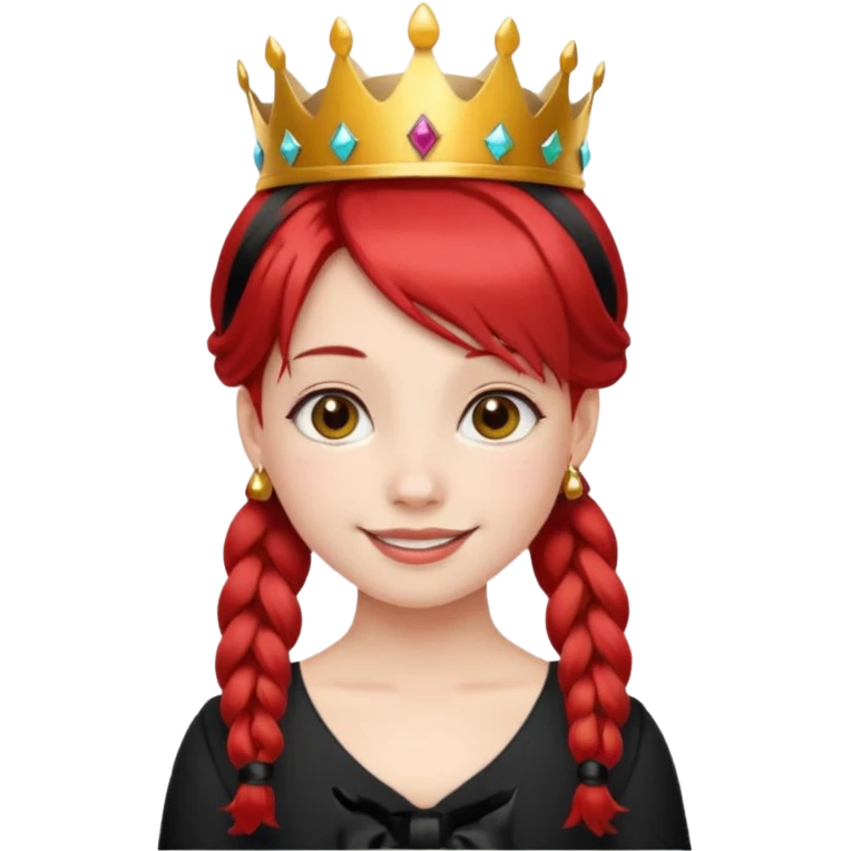 A red pigtail hair girl with a crown smiling gently and black bow on her hair emoji