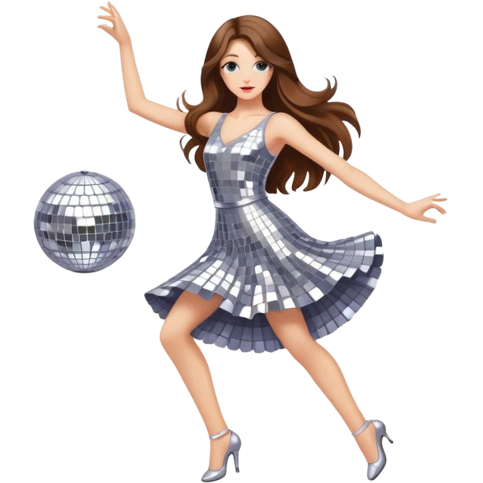 Girl with long brown hair  white girl dancing like nobody’s watching, elegant quirky  discoball in background  emoji