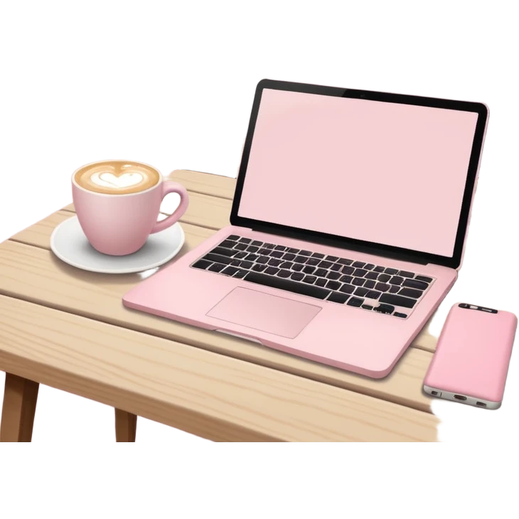 Cozy coffee shop scene with pastel pink laptop, beige notebook, and latte on wooden table emoji