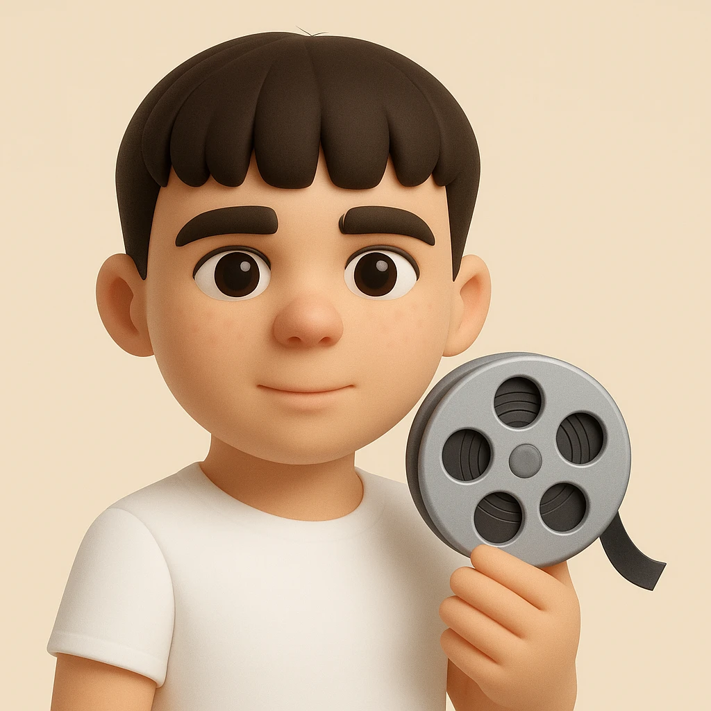Create a 3D emoji style image of this person, slimmer build, wearing a white shirt, holding a cinema symbol such as a film reel or clapperboard. The style should emulate the microsoft style 3d fluent emojis with a focus on 3D emoji characteristics. emoji