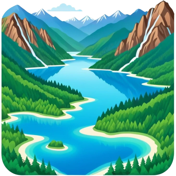Jiuzhaigou Valley colorful lakes, simplified emoji style with bold outlines and bright colors, cartoon style blue water with mountains emoji
