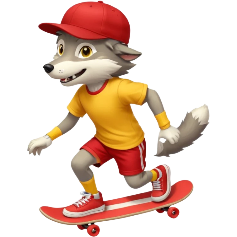 A gray wolf with large, expressive eyes and a friendly smile. The gray wolf is wearing a bright yellow T-shirt, red shorts, white knee socks, and sneakers. The baseball cap is on backwards. The wolf is preparing to perform a skateboarding trick. emoji
