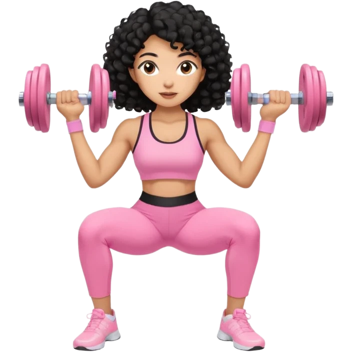 Mixed-race woman with caramel skin, black curly hair, wearing pastel pink sportswear, lifting soft beige dumbbells emoji