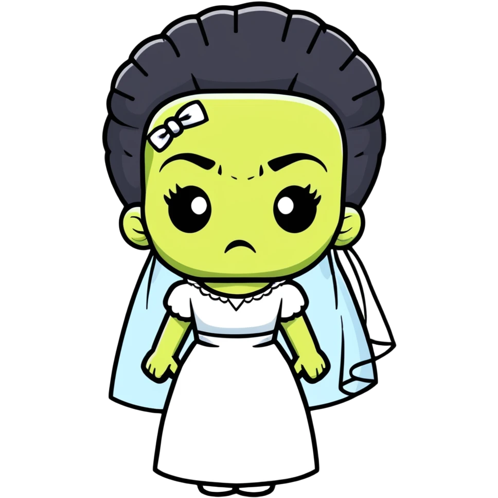 Bride of Frankenstein with tall black and white hair and stitches on face emoji