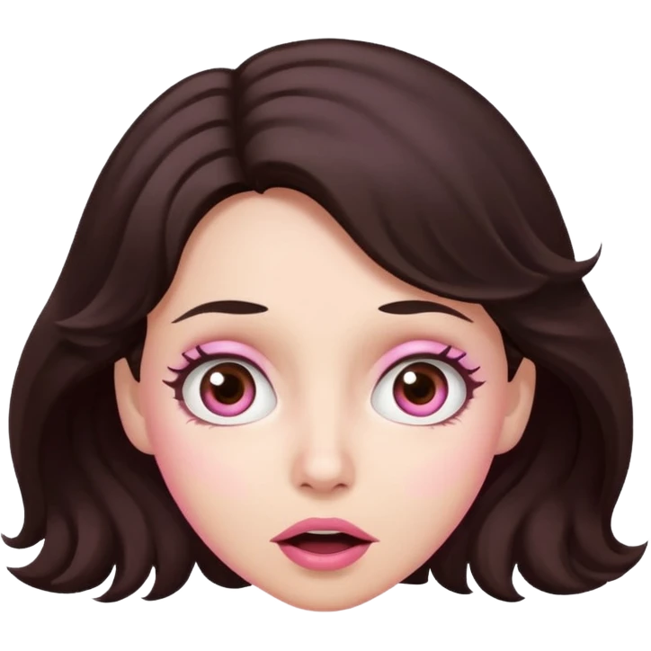Barbie like emoji of a woman with white skin wavy dark brown hair, brown eyes wearing pink and with a surprised look emoji